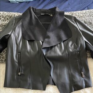 Black Faux Leather Draped Collar Jacket